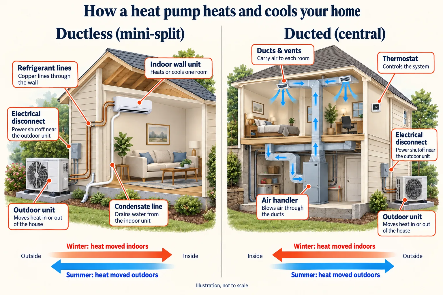 Illustration comparing two heat pump systems. Ductless (mini-split): an outdoor unit, copper refrigerant lines through the wall, a wall-mounted indoor unit that heats or cools one room, a condensate drain line and an electrical disconnect. Ducted (central): an outdoor unit, an air handler in the basement, ducts and vents to each room, a thermostat and an electrical disconnect. Arrows show heat moved indoors in winter and outdoors in summer.