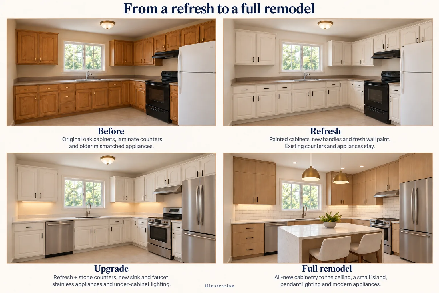 Illustration of the same kitchen in four stages: Before, with oak cabinets and laminate counters; Refresh, with painted cabinets and new handles; Upgrade, adding stone counters, a new sink and faucet, stainless appliances and under-cabinet lighting; and Full remodel, with all-new cabinetry to the ceiling, a small island and pendant lights.