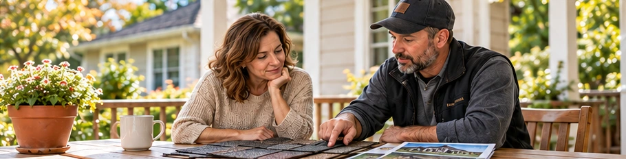 A homeowner and a roofer looking over roofing materials at a porch table