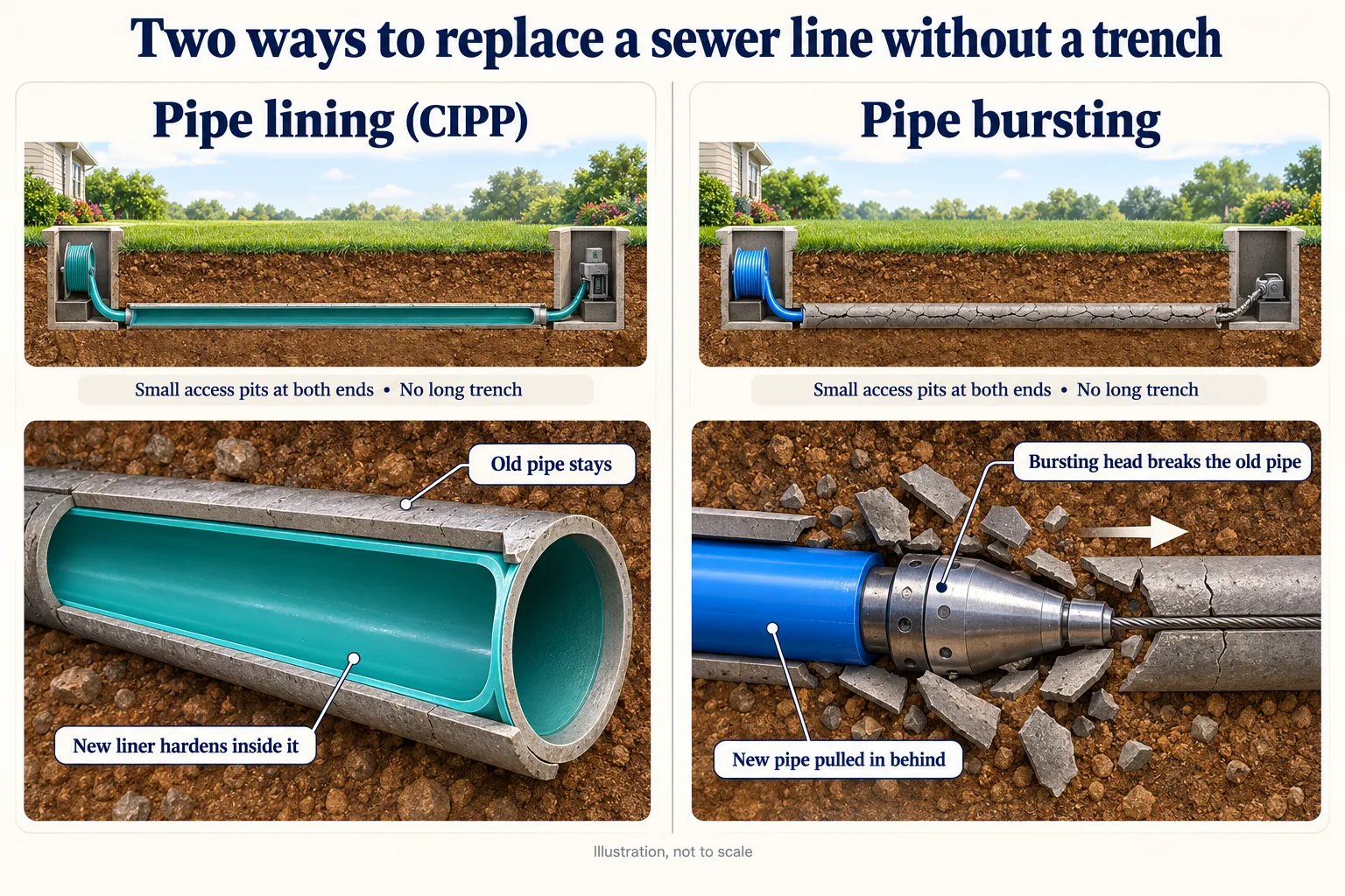 Illustration of two trenchless methods, each using small access pits at both ends instead of a long trench. Pipe lining (CIPP): the old pipe stays and a new liner hardens inside it. Pipe bursting: a bursting head breaks the old pipe apart while a new pipe is pulled in behind it.